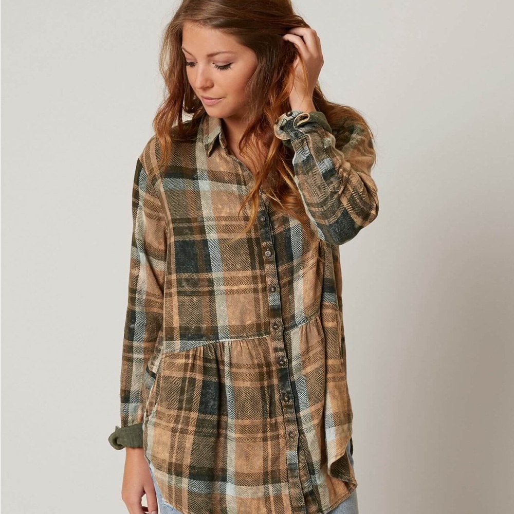 Free People Geometric Patterned Shirt in Green and Tan